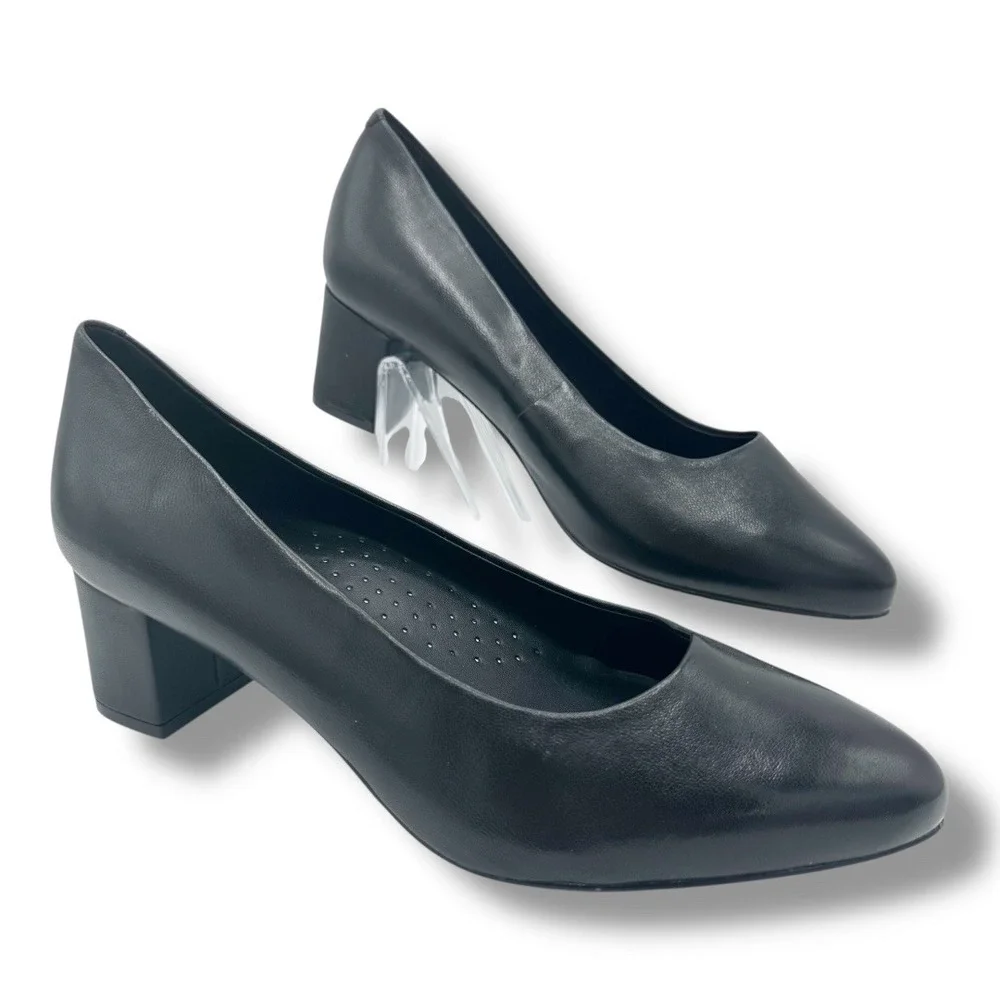 Trotters‎ Black Leather Pointed Toe Block Heel Pumps Women's Shoes 7.5W